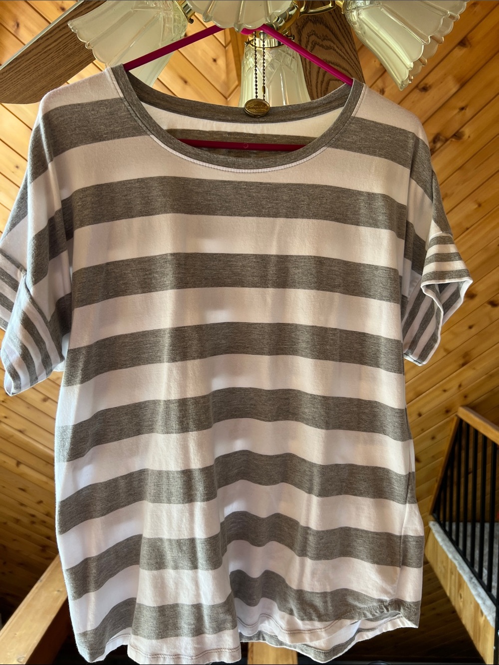 Workshop Republic Clothing White and Gray Striped Tee with Red Accent
